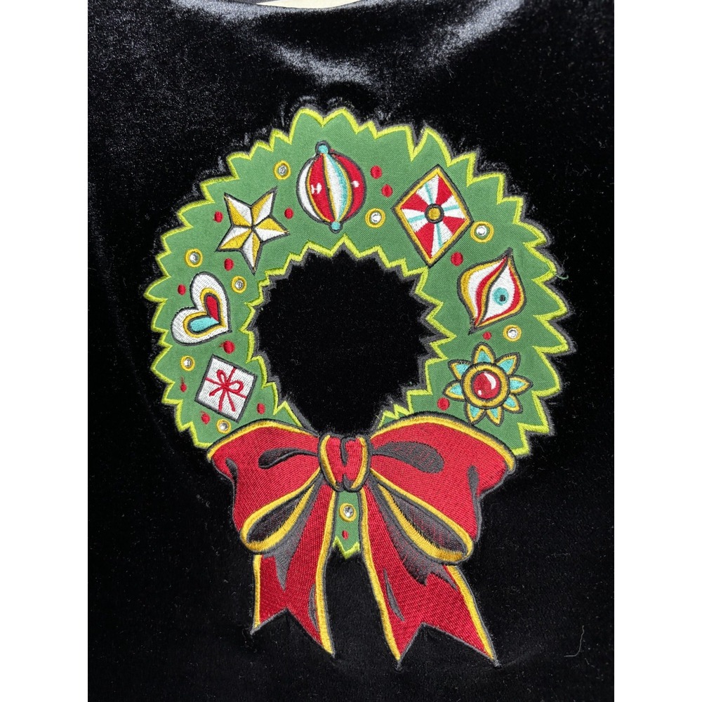 Bob Mackie Black Velvet Christmas Sweater Womens L Wreath Bow Wearable Art - Picture 3 of 5